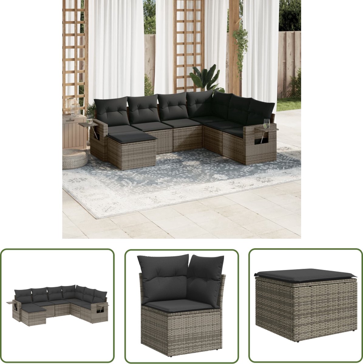 Loungeset van poly rattan in grijs met kussens - The Living Store.