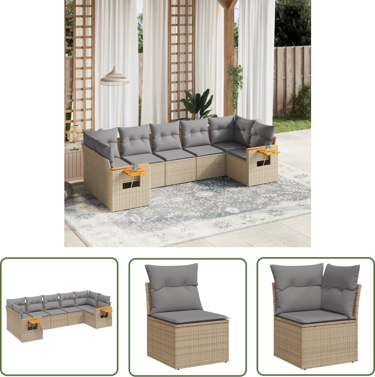 The Living Store 7-delige Loungeset met kussens poly rattan beige - Loungebank - Tuinset - Lounge Set - Buitendecoratie - Garden Furniture Poly rattan loungeset in beige met kussens - Garden Furniture.
