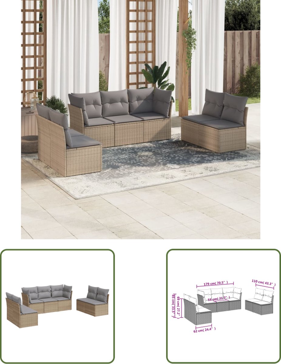 The Living Store 7-delige Loungeset met kussens poly rattan beige - Loungeset - Lounge Set - Tuinlounge - Buitendiner - Loungebank