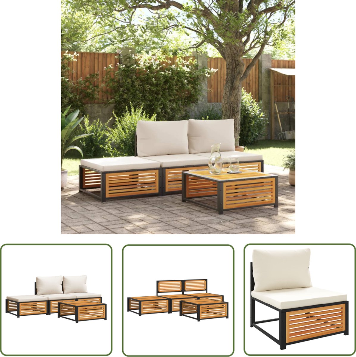 The Living Store 4-delige Loungeset met kussens massief acaciahout - Loungeset - Acacia Hout - Tuinmeubels - Buitendining - Lounge Set