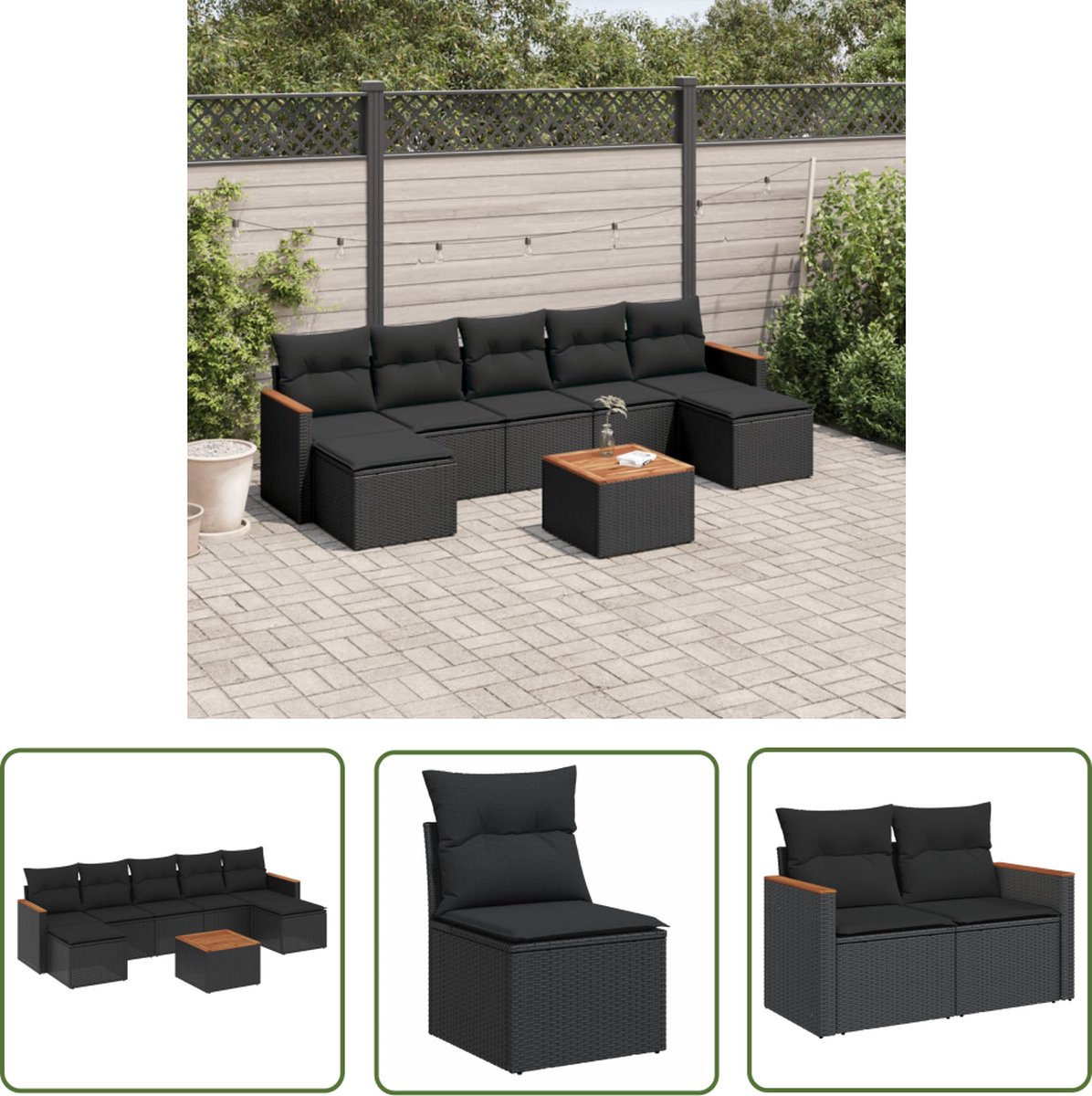 The Living Store 8-delige Loungeset met kussens poly rattan zwart - Loungeset - Lounge Set - Tuinlounge - Buitendining - Outdoor Furniture