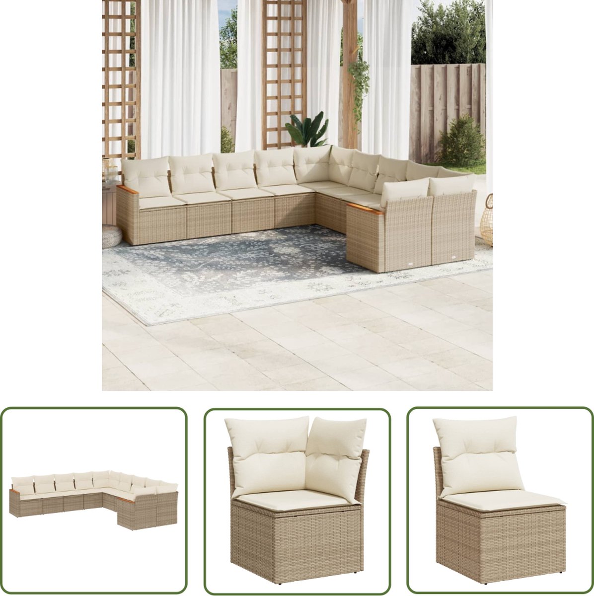 The Living Store 10-delige Loungeset met kussens poly rattan beige - Loungeset - Tuinset - Buitendecoratie - Loungehoek - Relaxfauteuil
