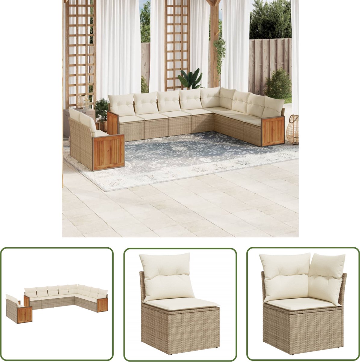 The Living Store 10-delige Loungeset met kussens poly rattan beige - Loungebank - Tuinset - Lounge Set - Buis Meubel - Outdoor Furniture