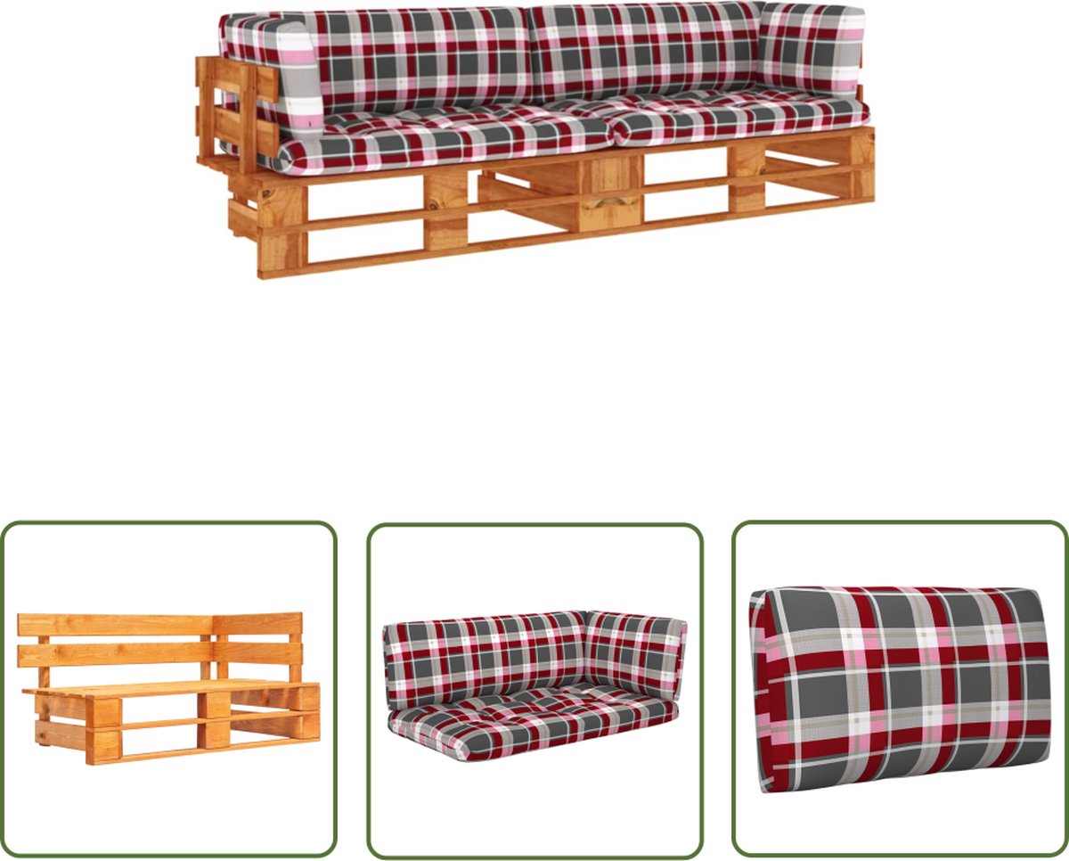 Hoekbank van honingbruin geïmpregneerd hout met kussens - Palletbank voor buiten - Tuinset met The Living Store-logo - Buitendecoratie.