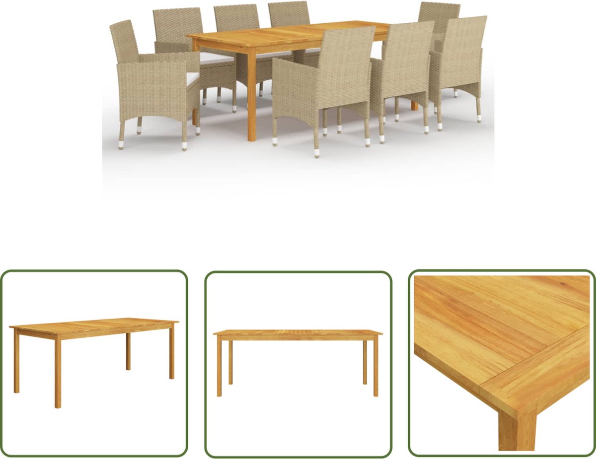 The Living Store 9-delige Tuinset beige - Tuinstoel - Eetkamerset - Acacia Hout - Buitentafel - Lounge Set