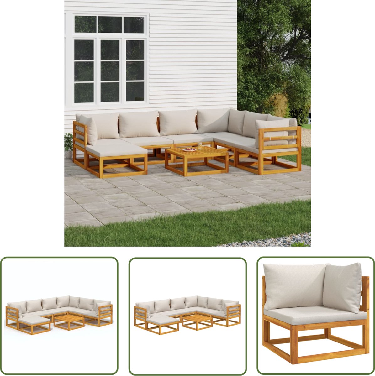 Tuin loungeset met lichtgrijze kussens en massief houten frame.