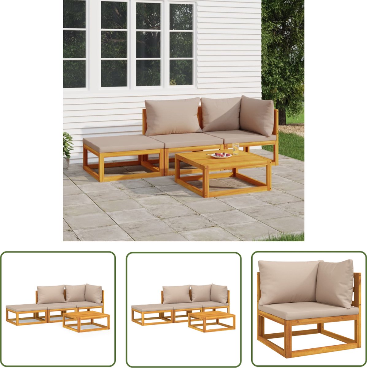 The Living Store 4-delige Loungeset met taupe kussens massief hout - Tuinmeubles - Acacia Hout - Lounge Set - Hoeksofa - Buitentijd