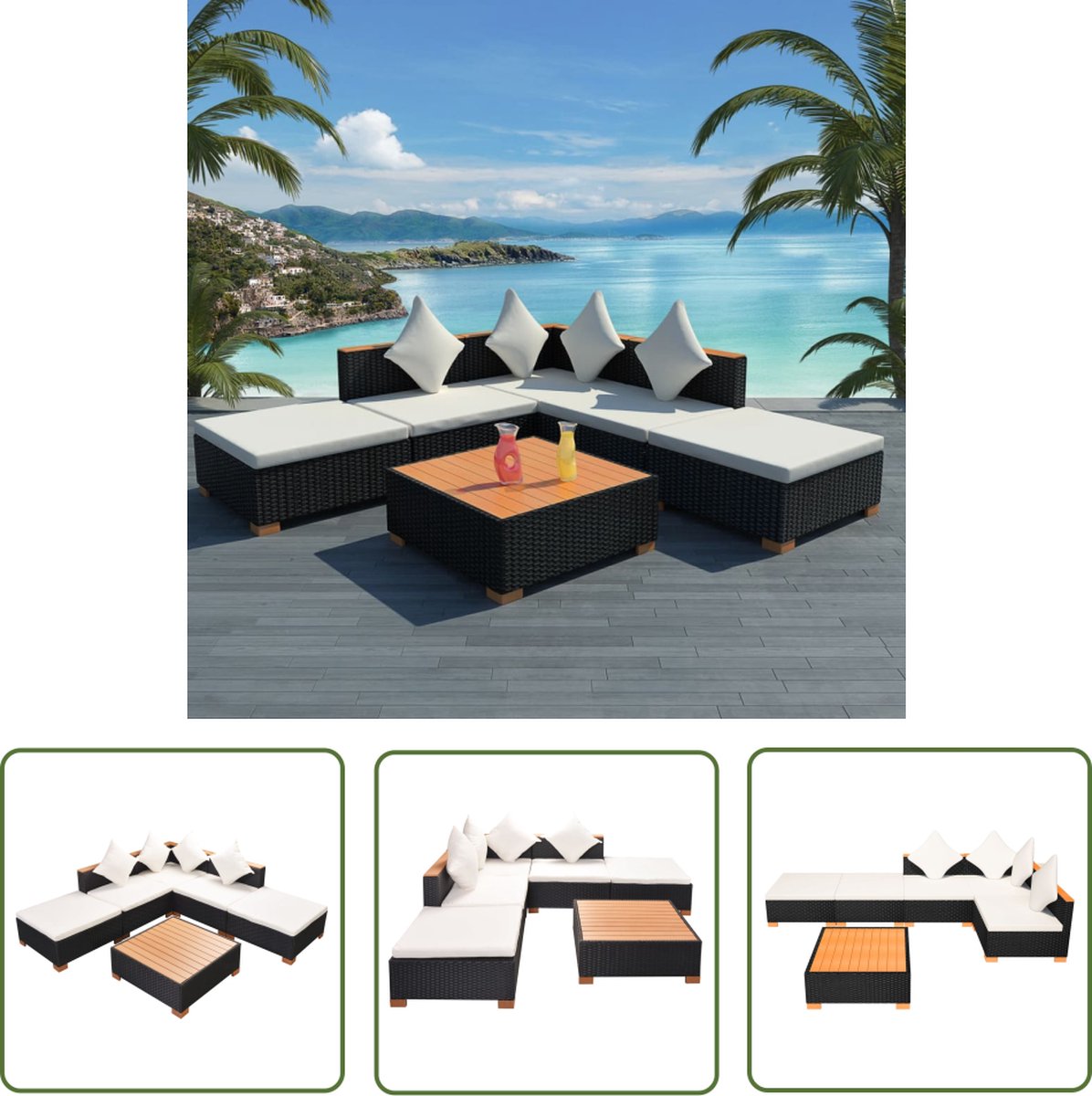 Zwart poly rattan loungeset met kussens voor tuin en balkon.