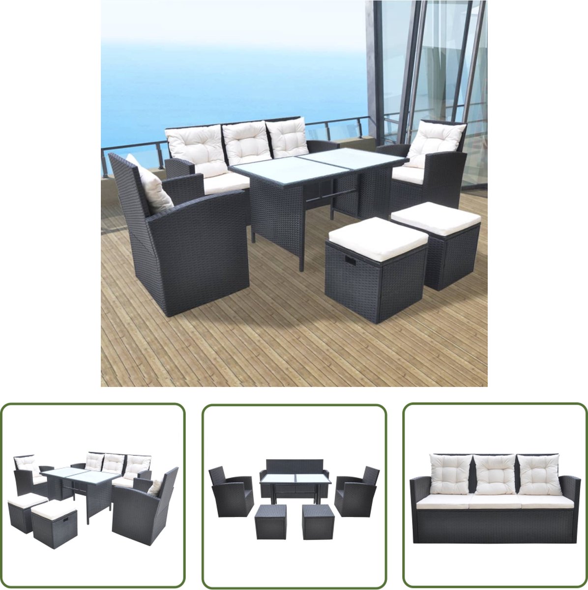 Zwarte poly rattan tuinset met kussens en eetkamer- en loungeset.