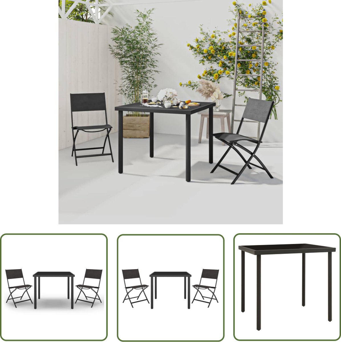 Zwarte stalen tuinset met tuinstoel en tuintafel - Buitendecoratie sfeerbeeld.