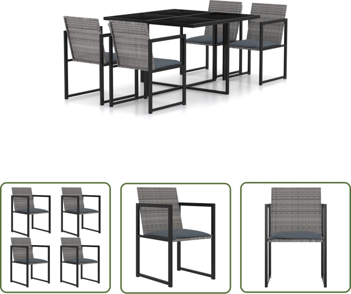 Poly rattan grijze tuinset met kussens en eetkamerstoelen voor buiten.