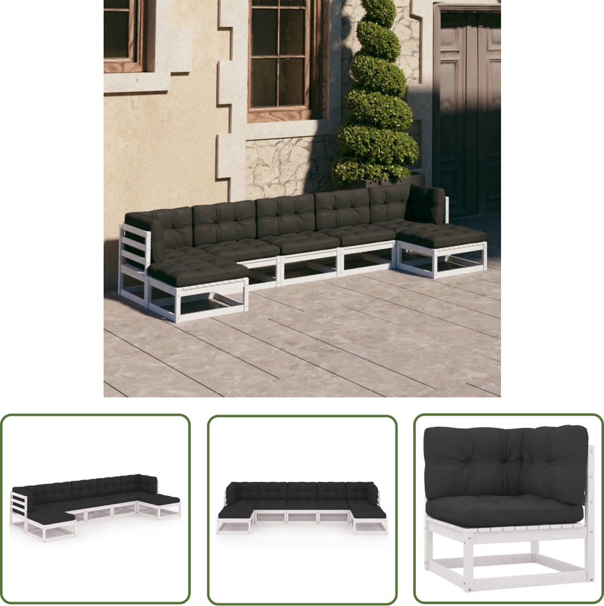 Witte massief grenenhouten loungeset met kussens - tuinmeubilair - veranda decoratie.