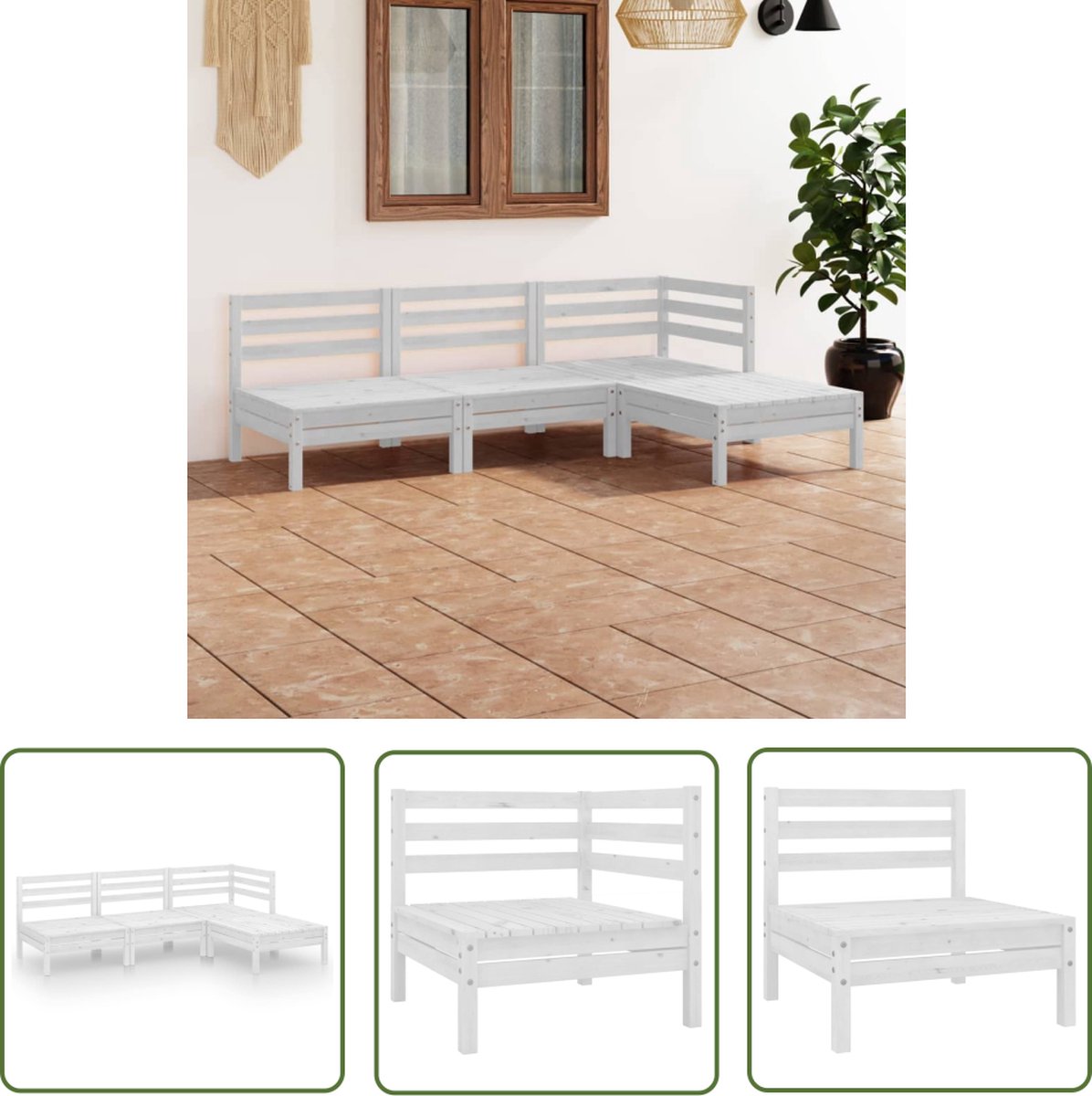 The Living Store 4-delige Loungeset massief grenenhout wit - Tuinmeubles - Lounge Set - Houten Bank - Buitendecoratie - Veranda