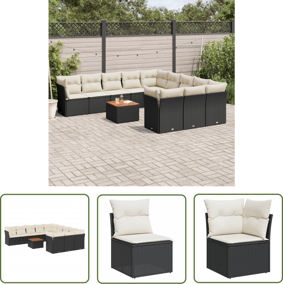 The Living Store 12-delige Loungeset met kussens poly rattan zwart - Loungeset - Tuinlounge - Lounge Set - Buitendecoratie - Outdoor Furniture