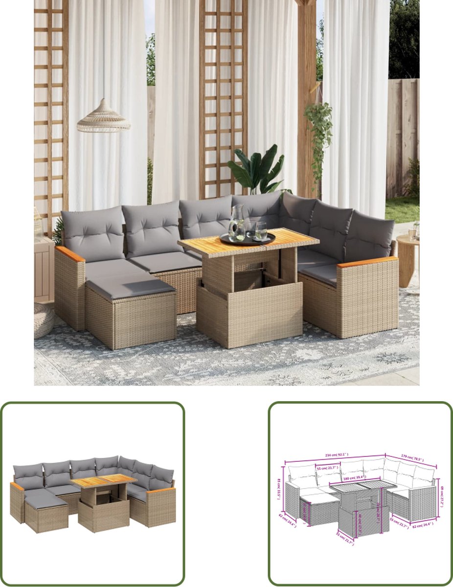The Living Store 8-delige Loungeset met kussens poly rattan beige - Loungebank - Lounge Set - Buitendecoratie - Tuinmeubels - Poly Rattan