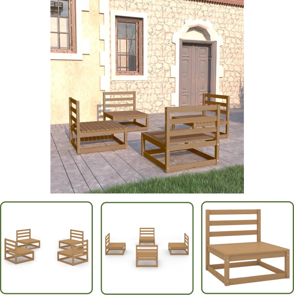Massief grenenhouten loungeset in honingbruine kleur - tuinstoel met kussens