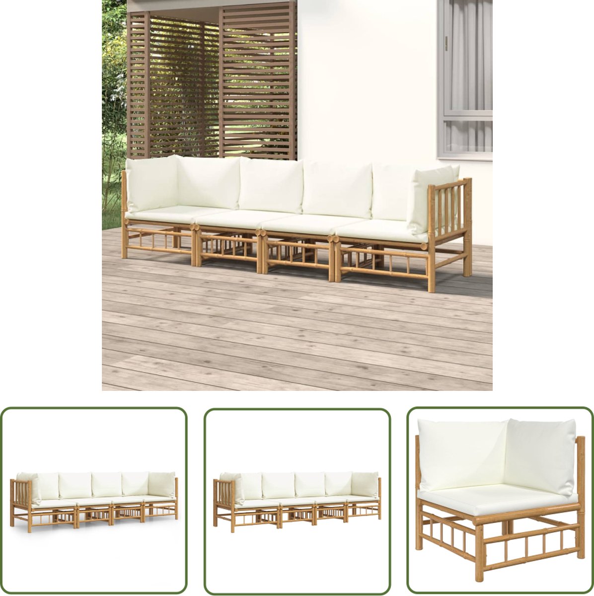 The Living Store 4-delige Loungeset met kussens bamboe crèmewit - Bamboelounge - Lounge Set - Buisensets - Tuinlounge - Outdoor Furniture