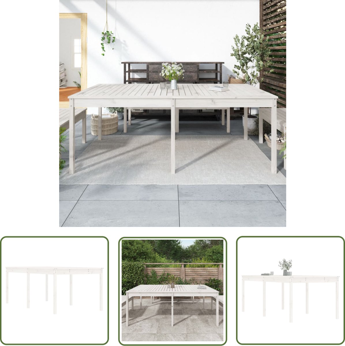 Massief grenenhouten witte tuintafel 203,5x100x76 cm - The Living Store.