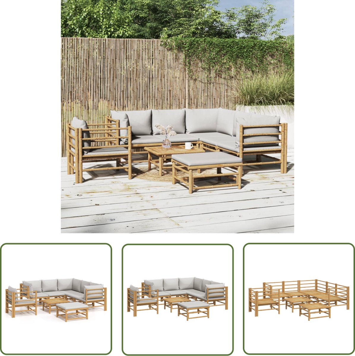 Bamboe loungeset in lichtgrijs met kussens - outdoor meubelset.