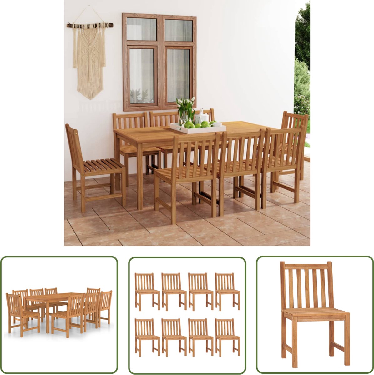 The Living Store 9-delige Tuinset massief teakhout - Eetkamerset - Teak Meubels - Buitendecoratie - Tuinstoel - Salontafel