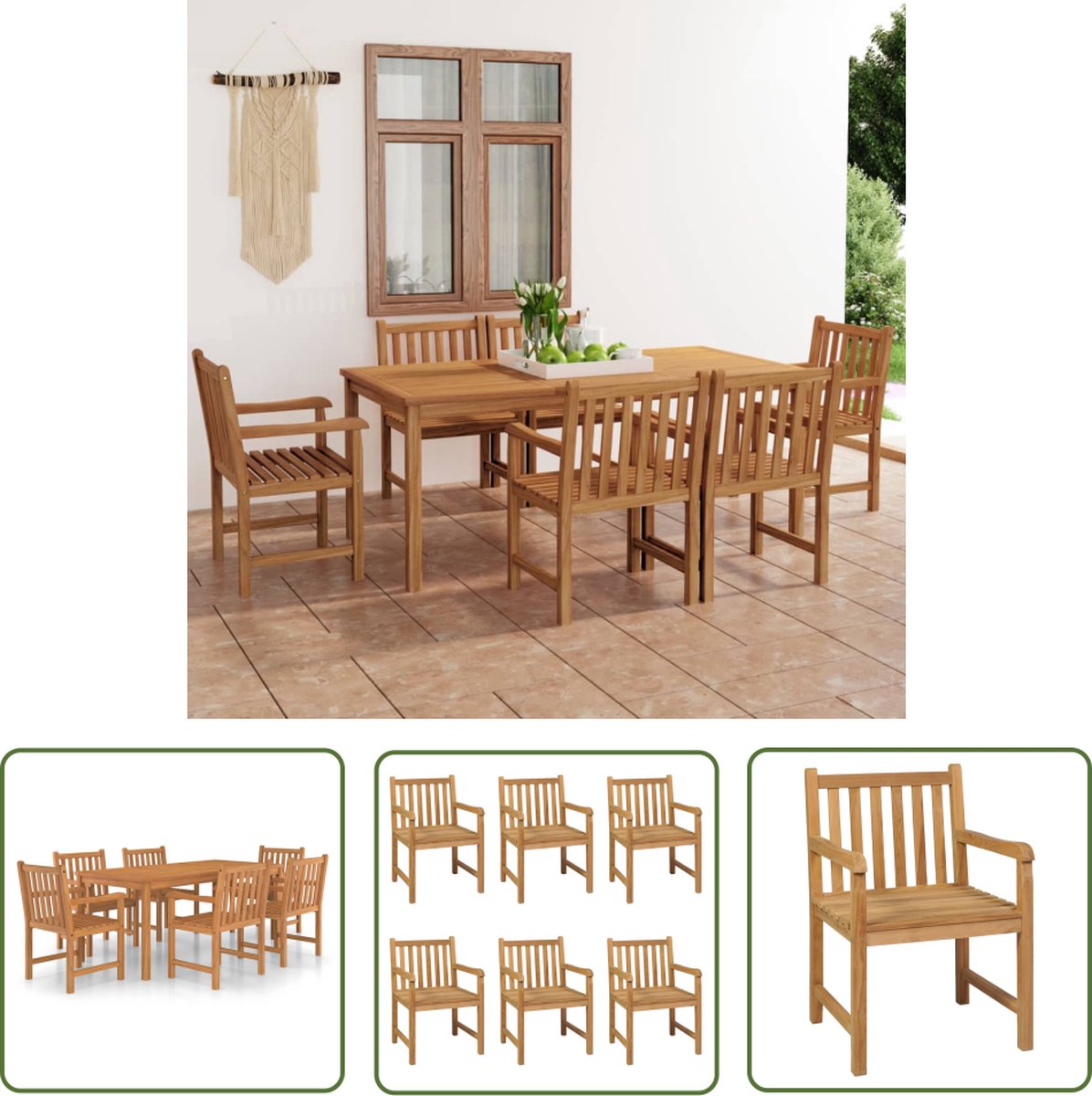 Massief teakhouten tuinset met eettafel, stoelen en bank - The Living Store.