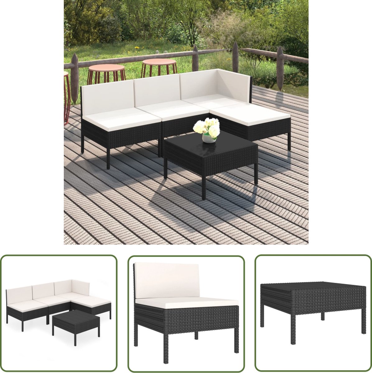 The Living Store 5-delige Loungeset met kussens poly rattan zwart - Loungestoel Set - Tuinset - Buitenmeubilair - Tuinlounge - Zwarte Loungestoel