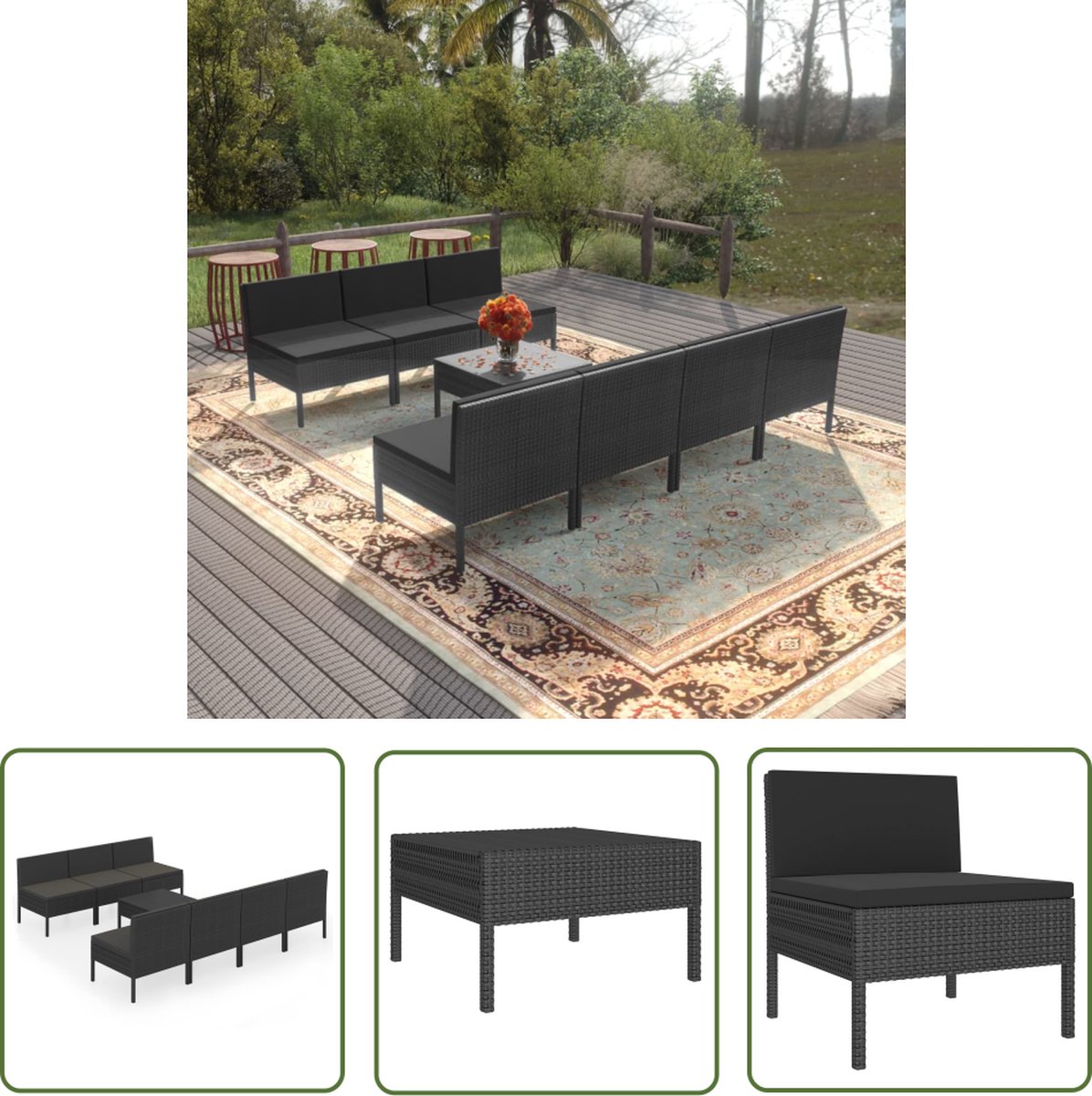 The Living Store 8-delige Loungeset met kussens poly rattan zwart - Loungeset - Tuinset - Loungestoel - Buis Meubel - Outdoor Furniture
