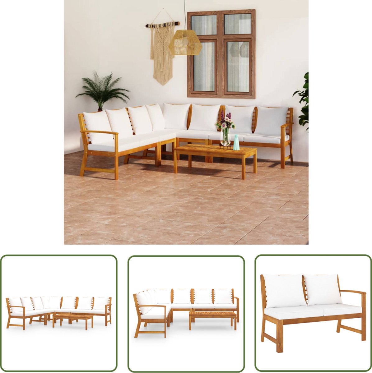 The Living Store 6-delige Loungeset met kussens massief acaciahout crème - Loungeset - Acacia Hout - Tuinset - Buitendecoratie - Lounge Meubels
