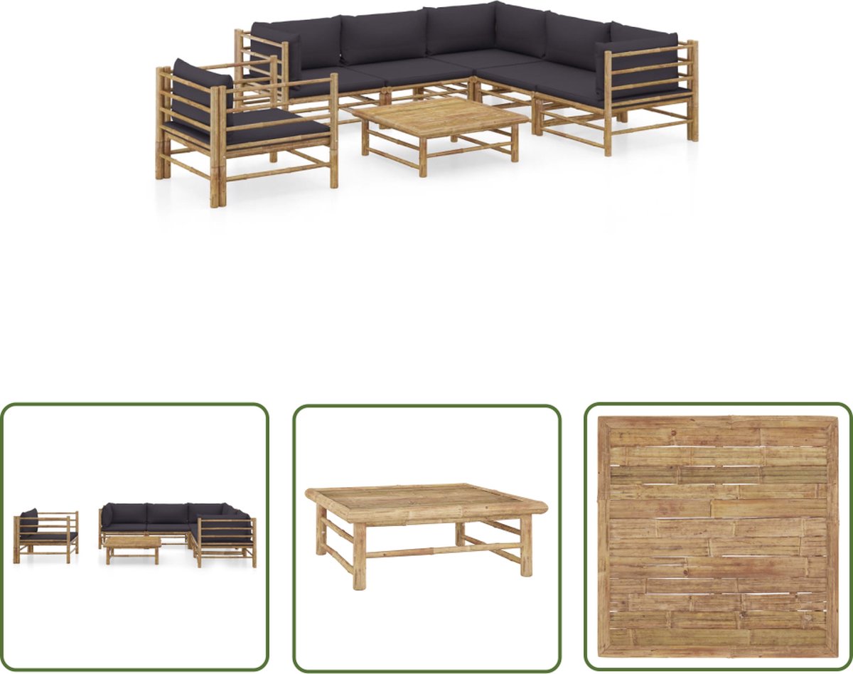 The Living Store 7-delige Loungeset met donkergrijze kussens bamboe - Bamboetuinmeubles - Loungebank - Buitendining - Tuinset - Outdoor Living