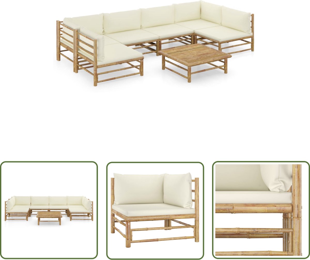 Bamboe loungeset met crèmewitte kussens - Buitendining en terrasmeubilair.