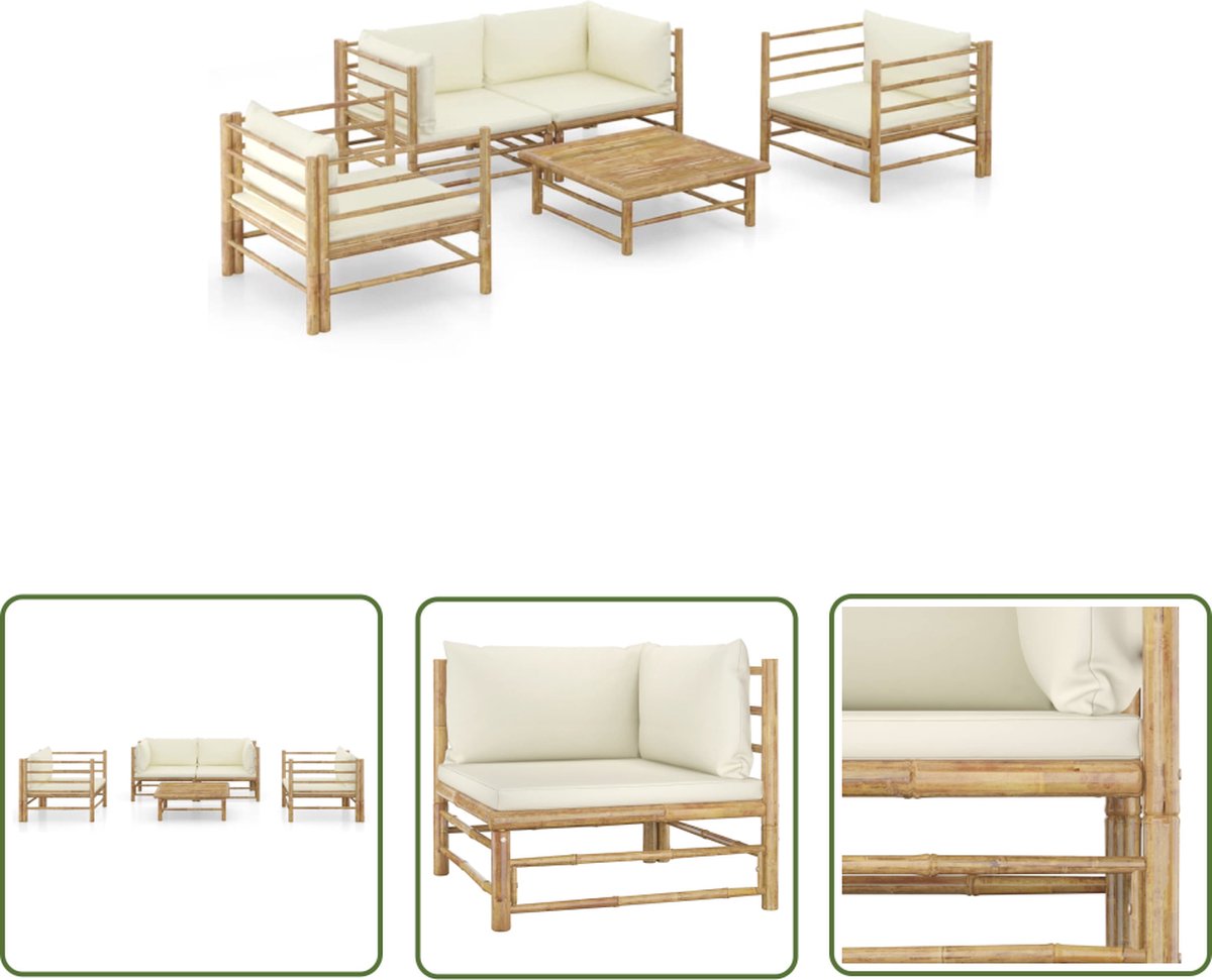The Living Store 5-delige Loungeset met crèmewitte kussens bamboe - Bamboesalonset - Loungestoel - Buitentijnen - Tuinlounge - Hoeksofa