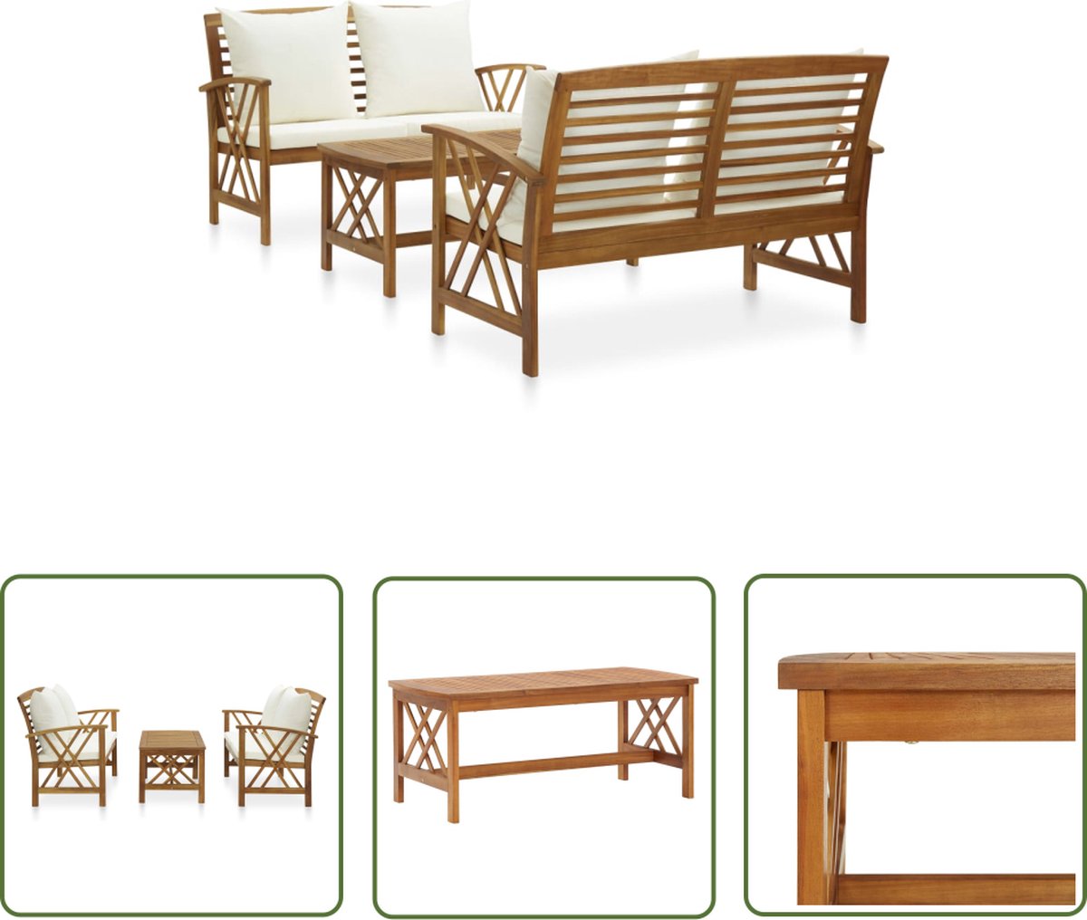 3-delige Loungeset van massief acaciahout met kussens - Tuinmeubelset in natuurlijke kleuren