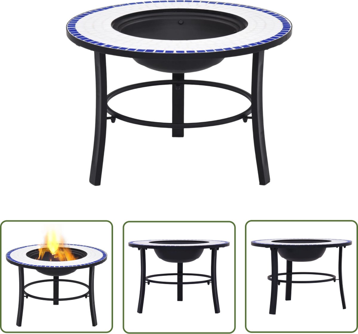 Mozaïek vuurschaal van 68 cm in blauw en wit keramiek, ideaal voor tuinverwarming en BBQ.