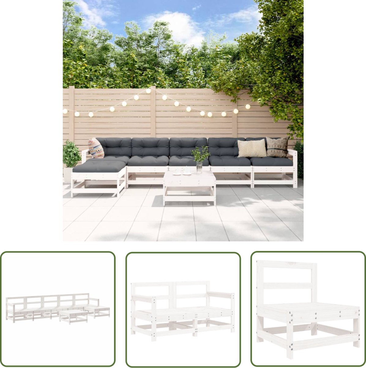 The Living Store 7-delige Loungeset massief grenenhout wit - Loungeset - Tuinset - Lounge Bank - Buitendecoratie - Hout Meubel