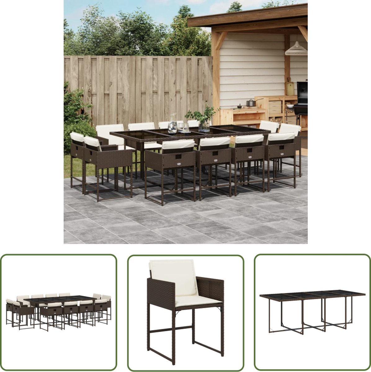 The Living Store 13-delige Tuinset met kussens poly rattan bruin - Tuinset - Buitentijd - Lounge Set - Eetkamerset - Poly Rattan