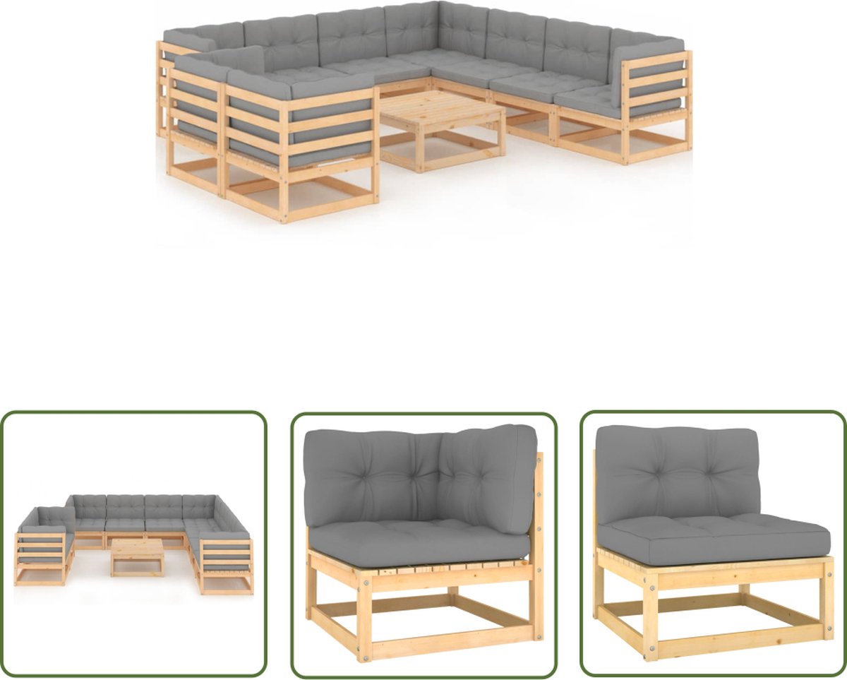 The Living Store 10-delige Loungeset met kussens massief grenenhout - Tuinmeubles - Lounge Set - Grenenhout - Buis Meubels - Outdoor Furniture
