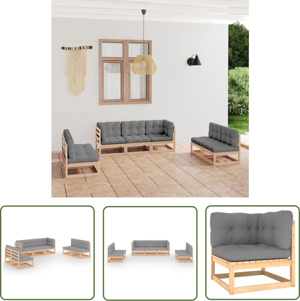 The Living Store 7-delige Loungeset met kussens massief grenenhout - Tuinset - Lounge Set - Houten Tuinset - Grenenhouten Tuinset - Grijze Tuinset