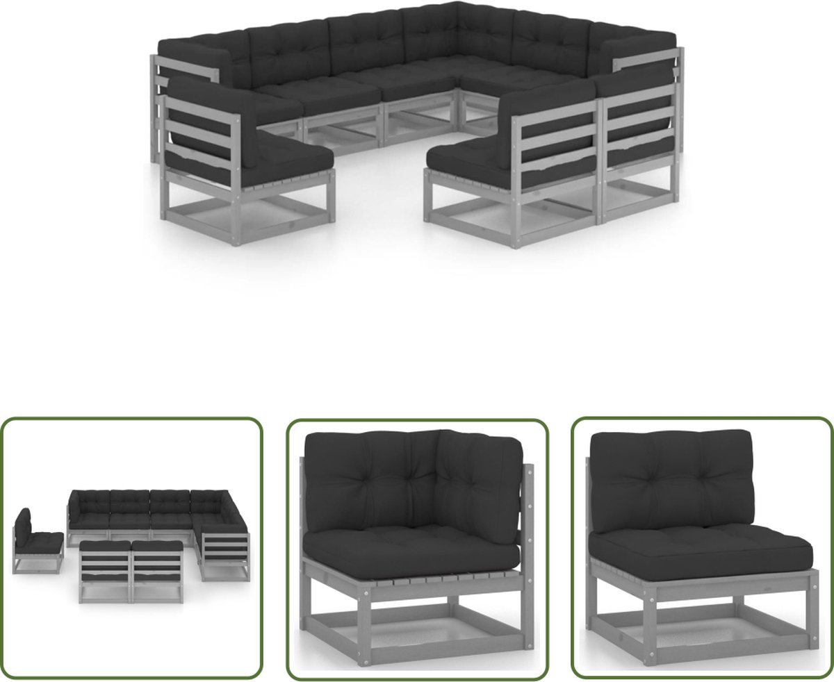 The Living Store 9-delige Loungeset met kussens massief grenenhout grijs - Loungebank - Tuinset - Houten Lounge - Grenenhout - Loungegroep
