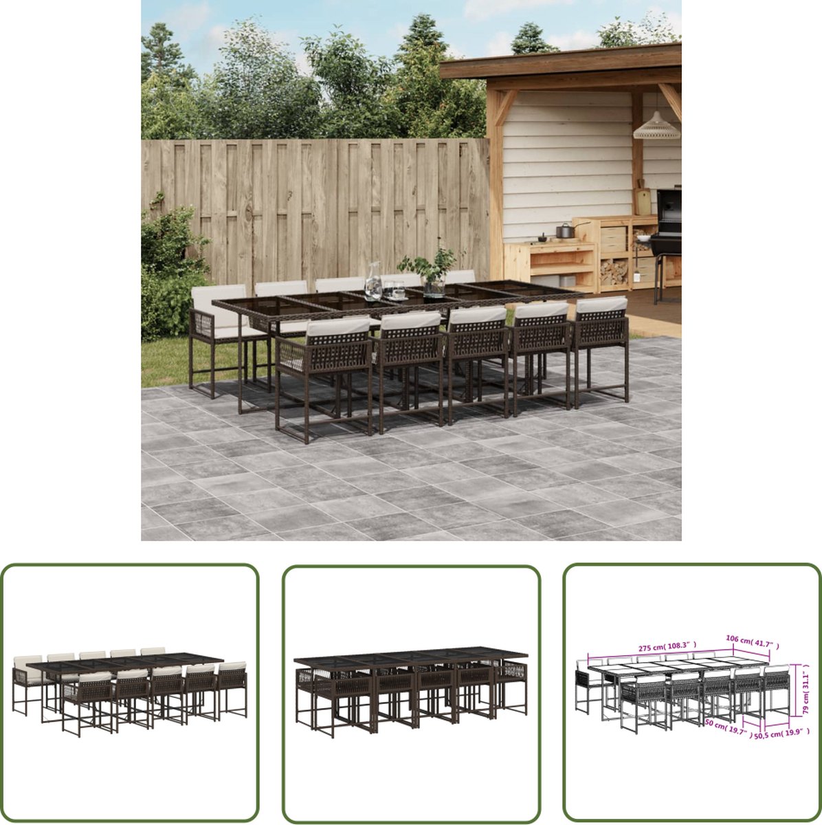 The Living Store 11-delige Tuinset met kussens poly rattan bruin - Tuinbank - Tuinset - Buitentijd - Lounge Set - Eetkamerset