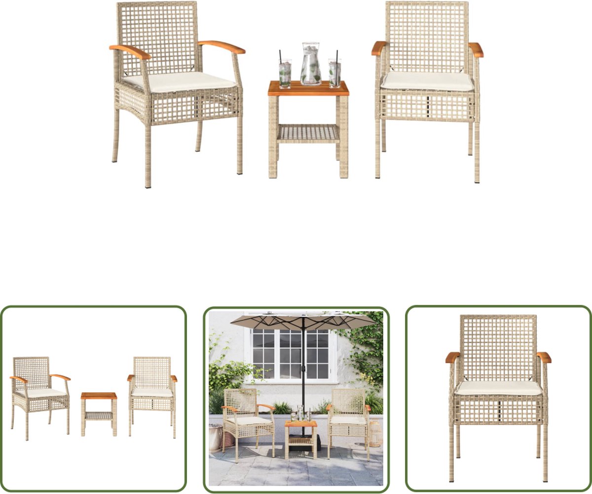The Living Store 3-delige Bistroset in beige poly rattan en acaciahout met kussens