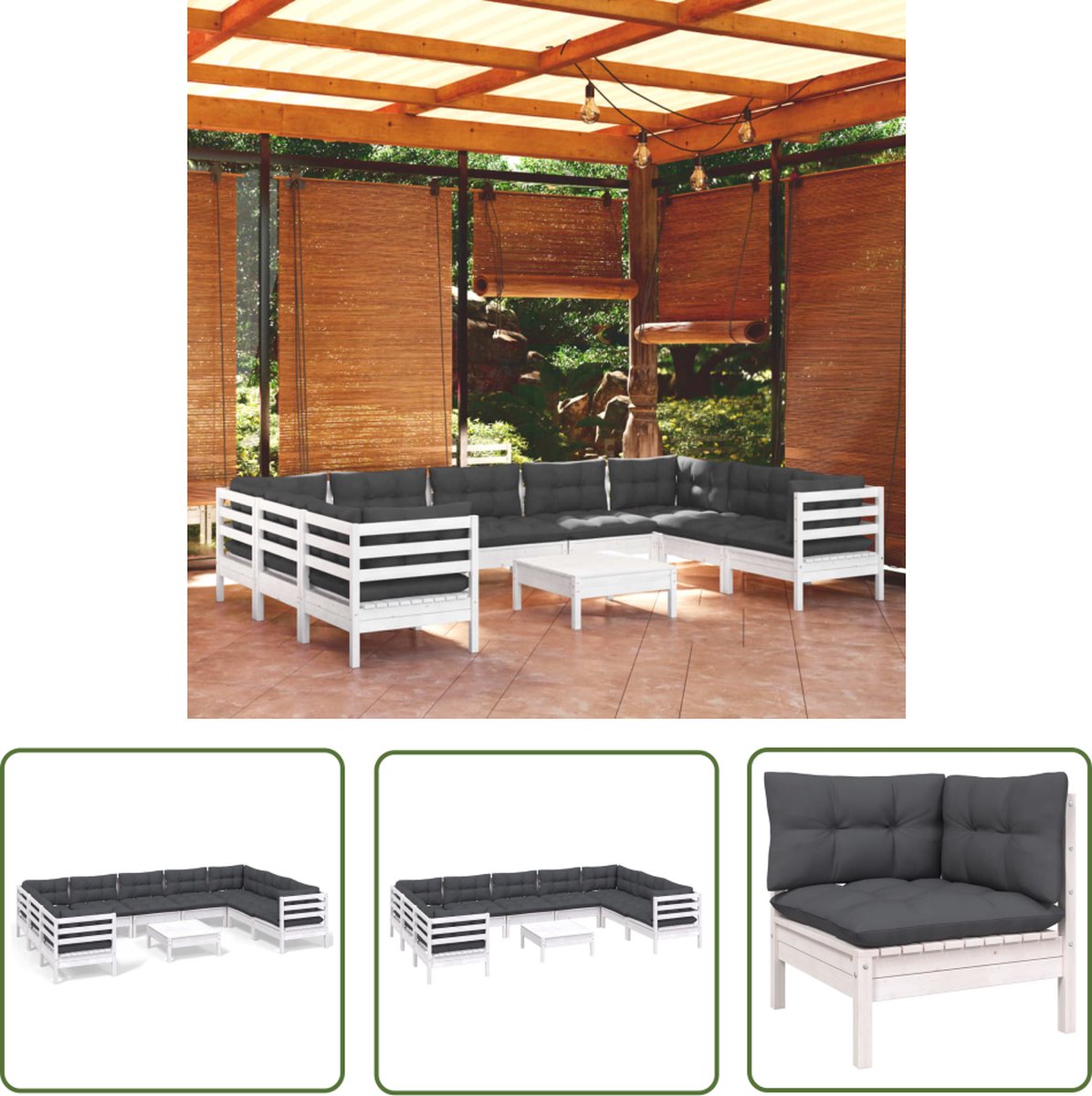 The Living Store 10-delige Loungeset met kussens grenenhout wit - Tuinmeubleset - Lounge Set - Tuinset - Hout Meubel - Grenenhout