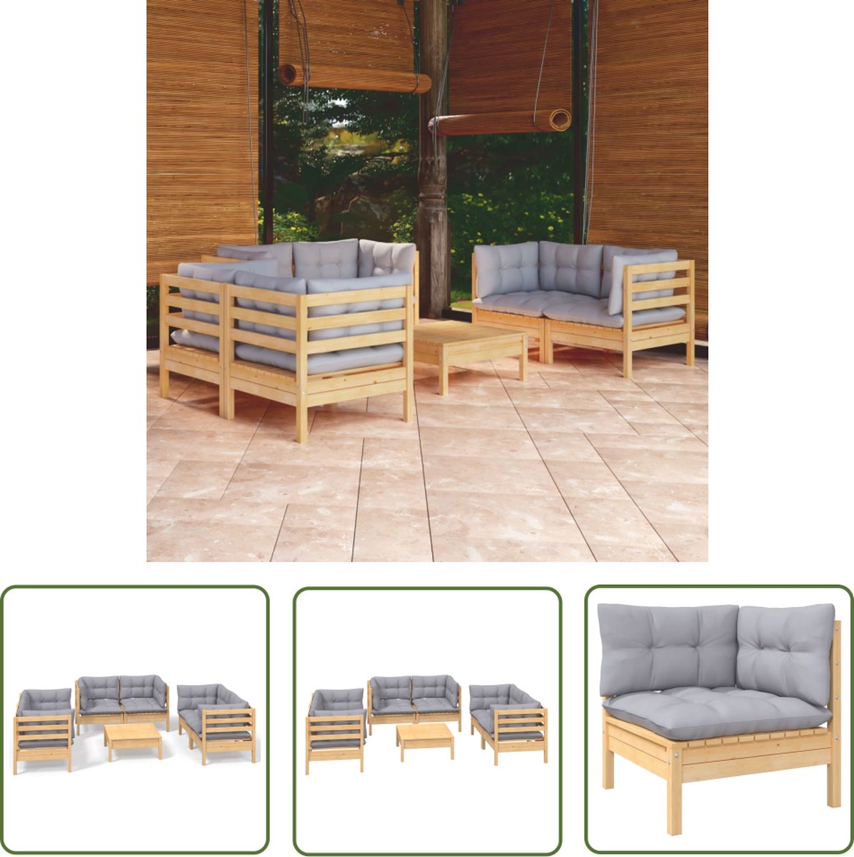 The Living Store 7-delige Loungeset met grijze kussens grenenhout - Loungeset - Tuinset - Houten Lounge - Buitendecoratie - Tuinmeubel