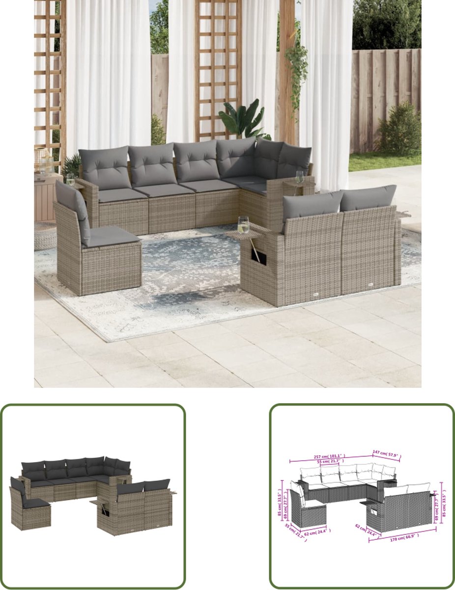 The Living Store 8-delige Loungeset met kussens poly rattan grijs - Loungebank - Tuinset - Lounge Set - Pe Rattan - Outdoor Furniture
