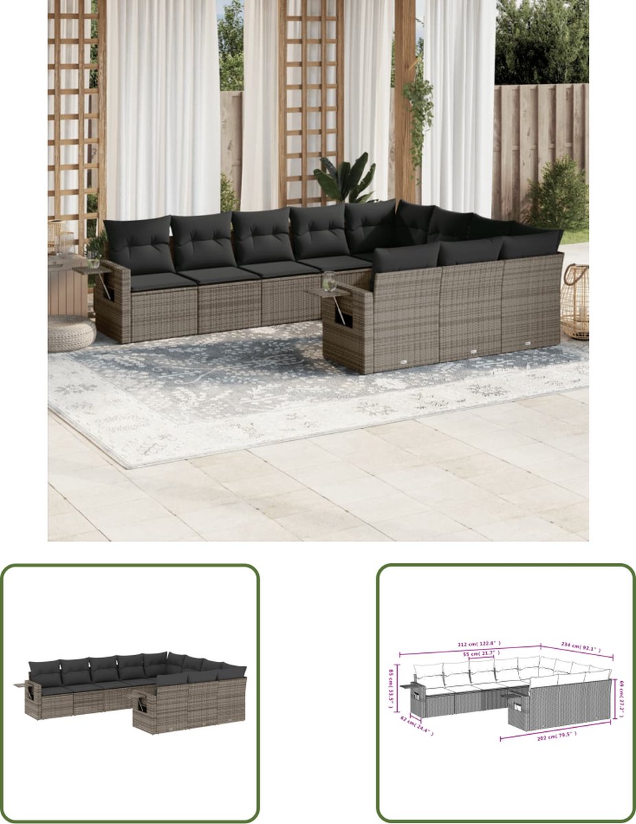 The Living Store 10-delige Loungeset poly rattan grijs met kussens