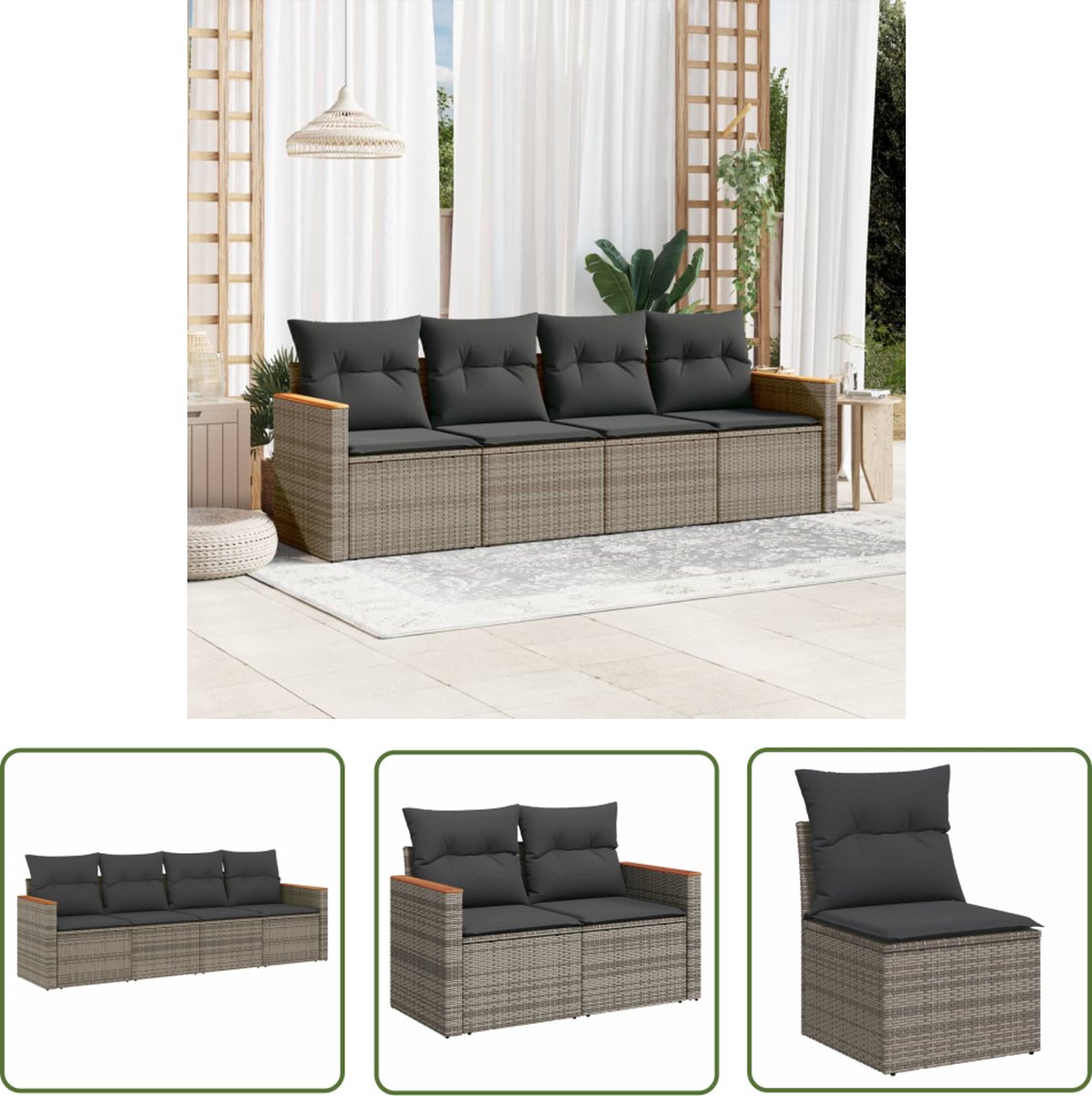 The Living Store 4-delige Loungeset met kussens poly rattan grijs - Loungebank - Tuinset - Lounge Set - Buitendecoratie - Tuinmeubels