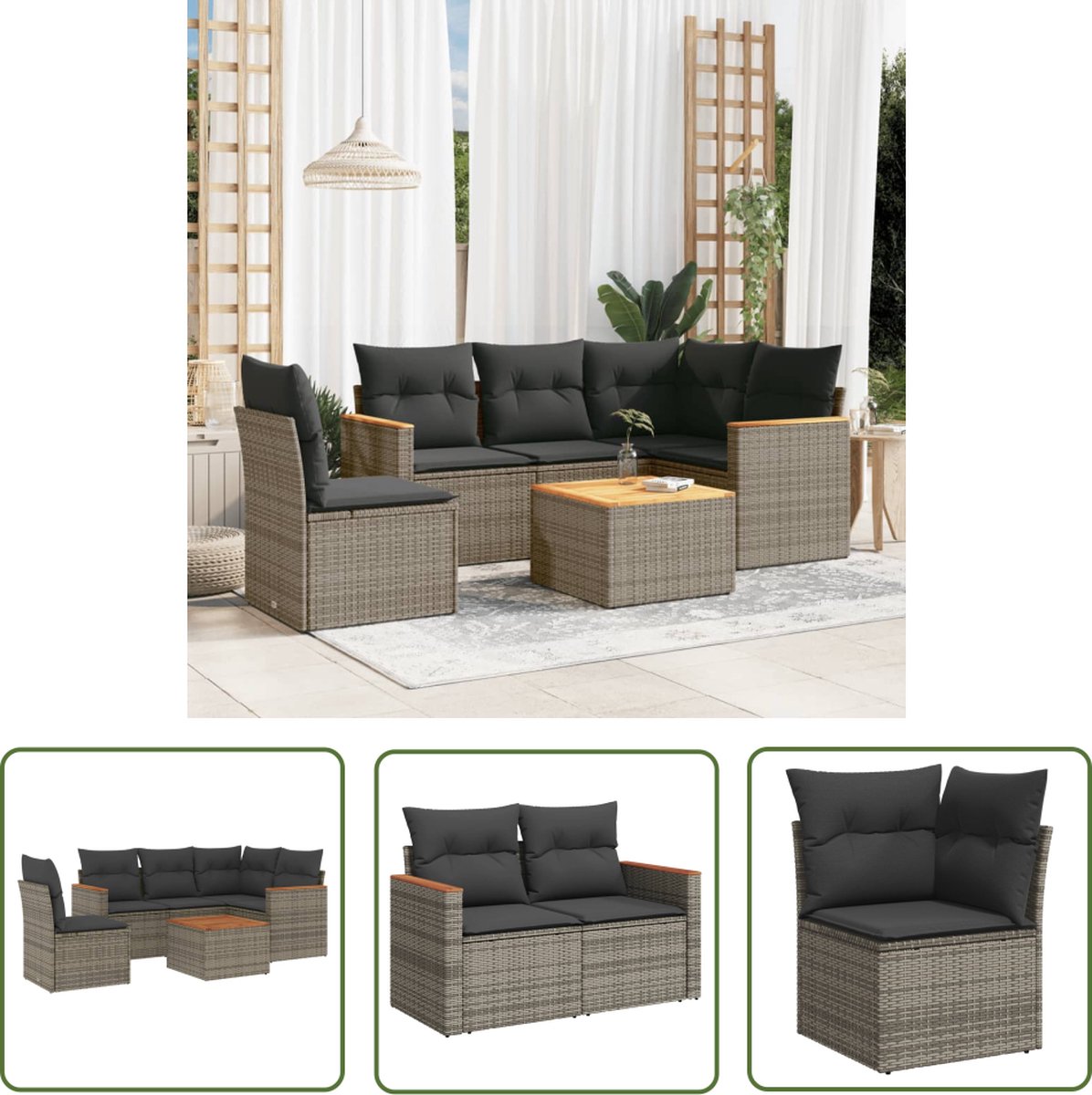 The Living Store 6-delige Loungeset met kussens poly rattan grijs - Loungeset - Lounge Set - Tuinmeubels - Buitendecoratie - Outdoor Furniture
