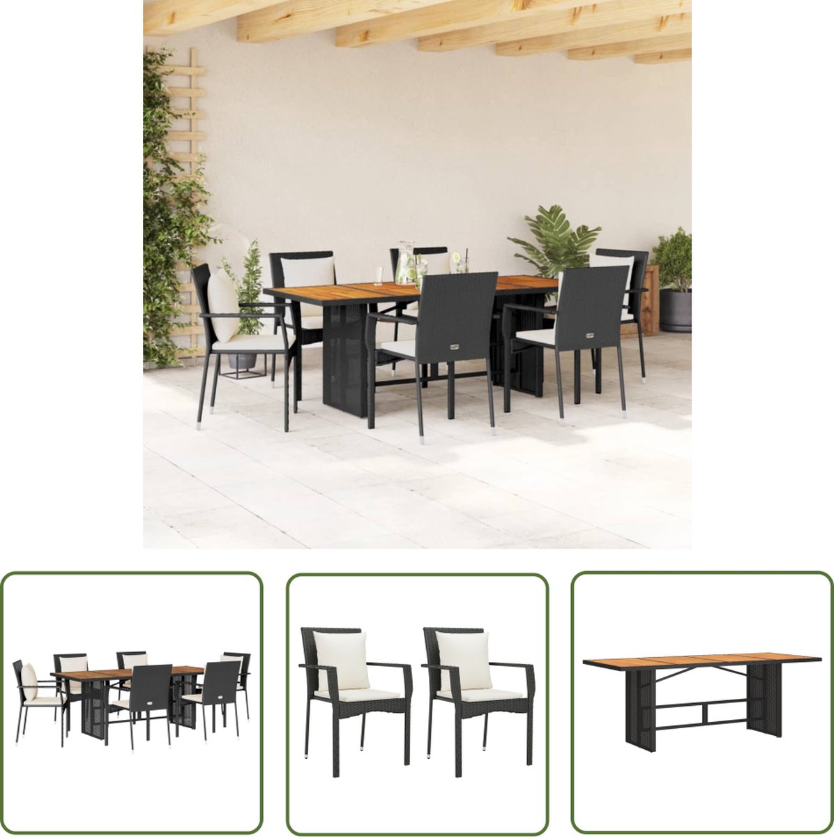 The Living Store 7-delige Tuinset met kussens poly rattan zwart - Tuinmeubles - Eetkamerset - Lounge Set - Outdoor Furniture - Balkon Meubel