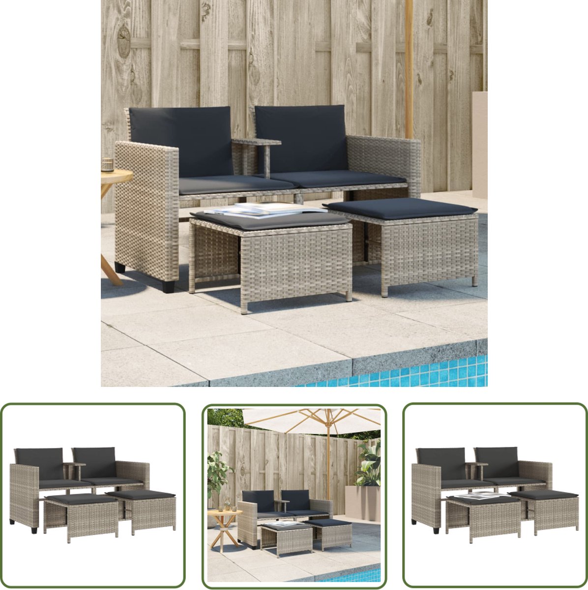 The Living Store Tuinbank 2-zits tafel en voetenbanken poly rattan lichtgrijs - Tuinbank - 2 Persoons - Lounge Set - Buitendecoratie - Terrasdecoratie