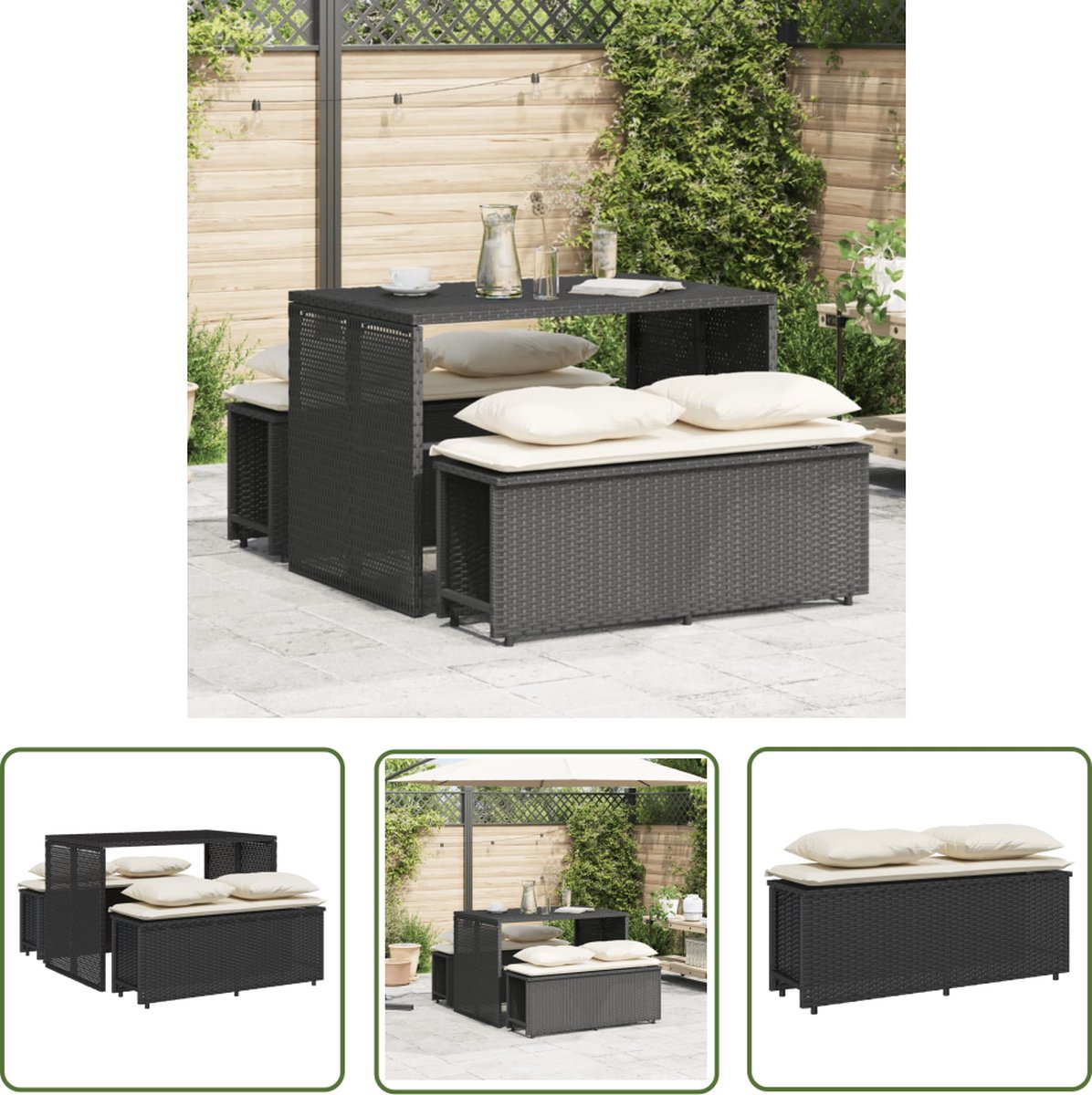 The Living Store 3-delige Tuinset met kussens poly rattan zwart - Tuinset - Buitendecoratie - Lounge Set - Bistro Set - Eetkamerset