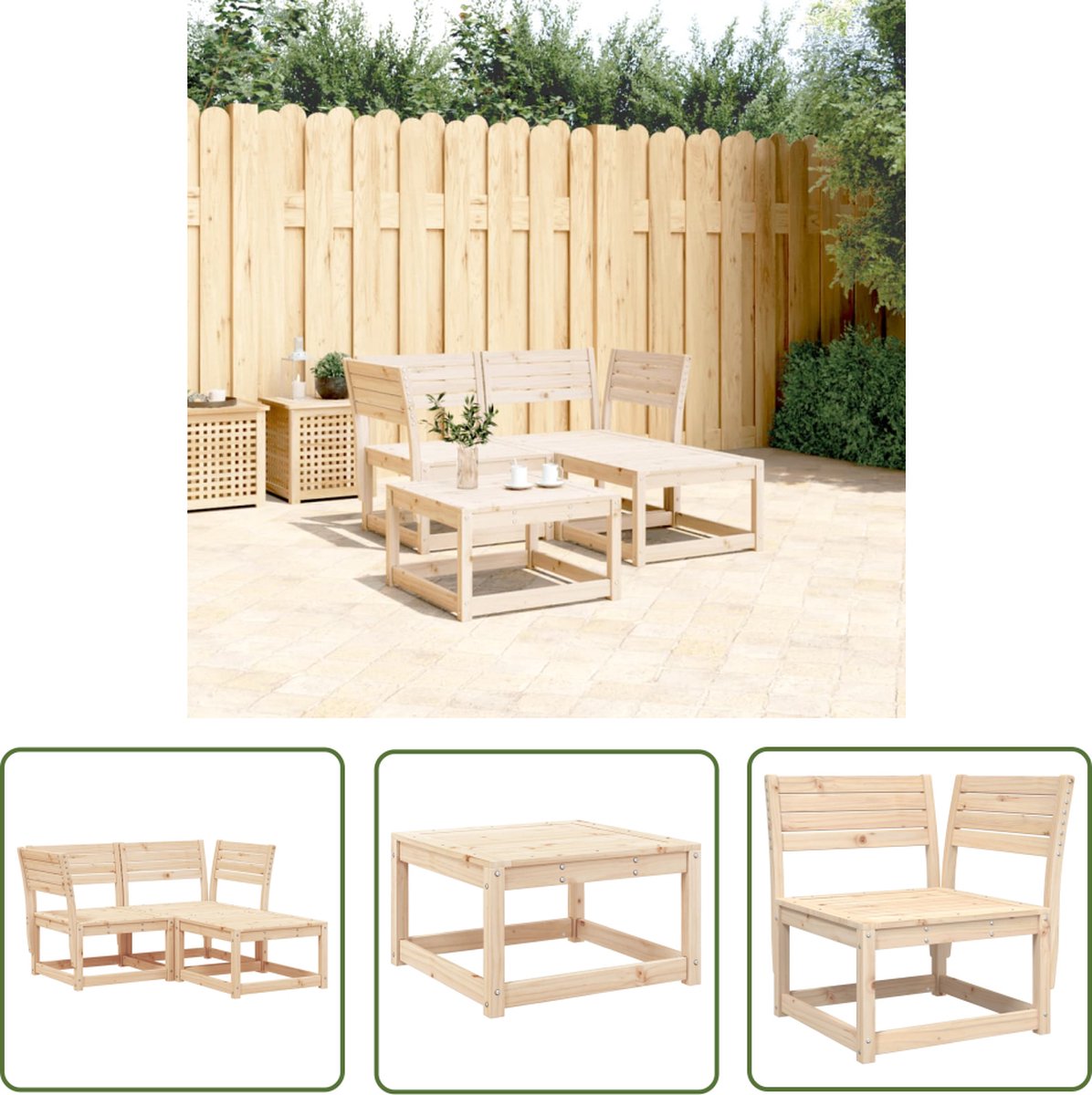 Hoekbank van massief grenenhout voor loungeset in tuinsetting.